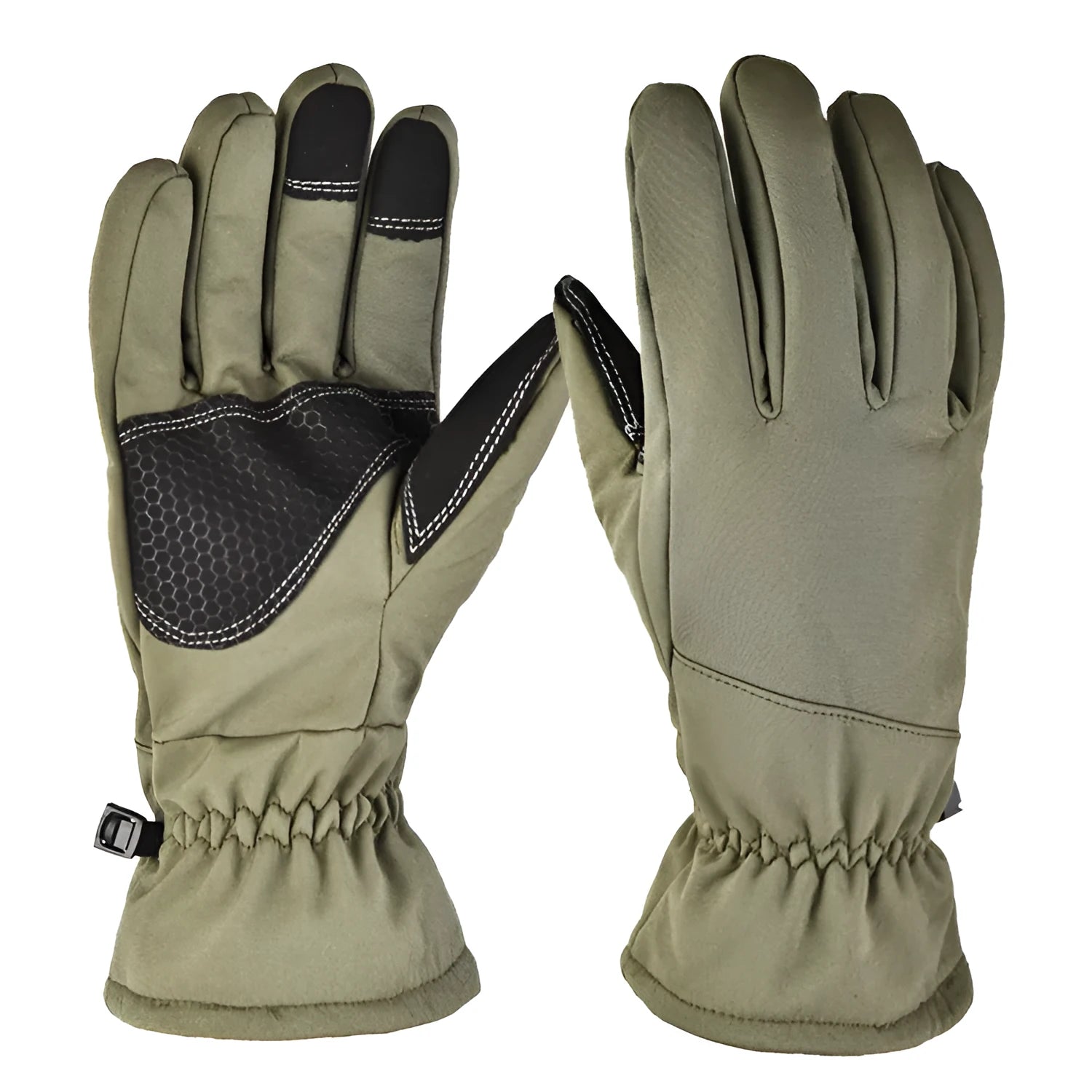 Ski gloves with touch screen fingertips and non-slip grip in camouflage colour