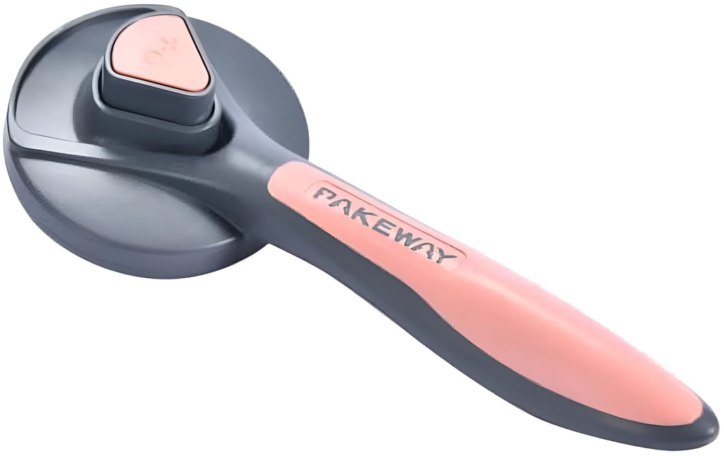 Grey, green, or pink self-cleaning slicker brush for grooming cats and dogs on a white background