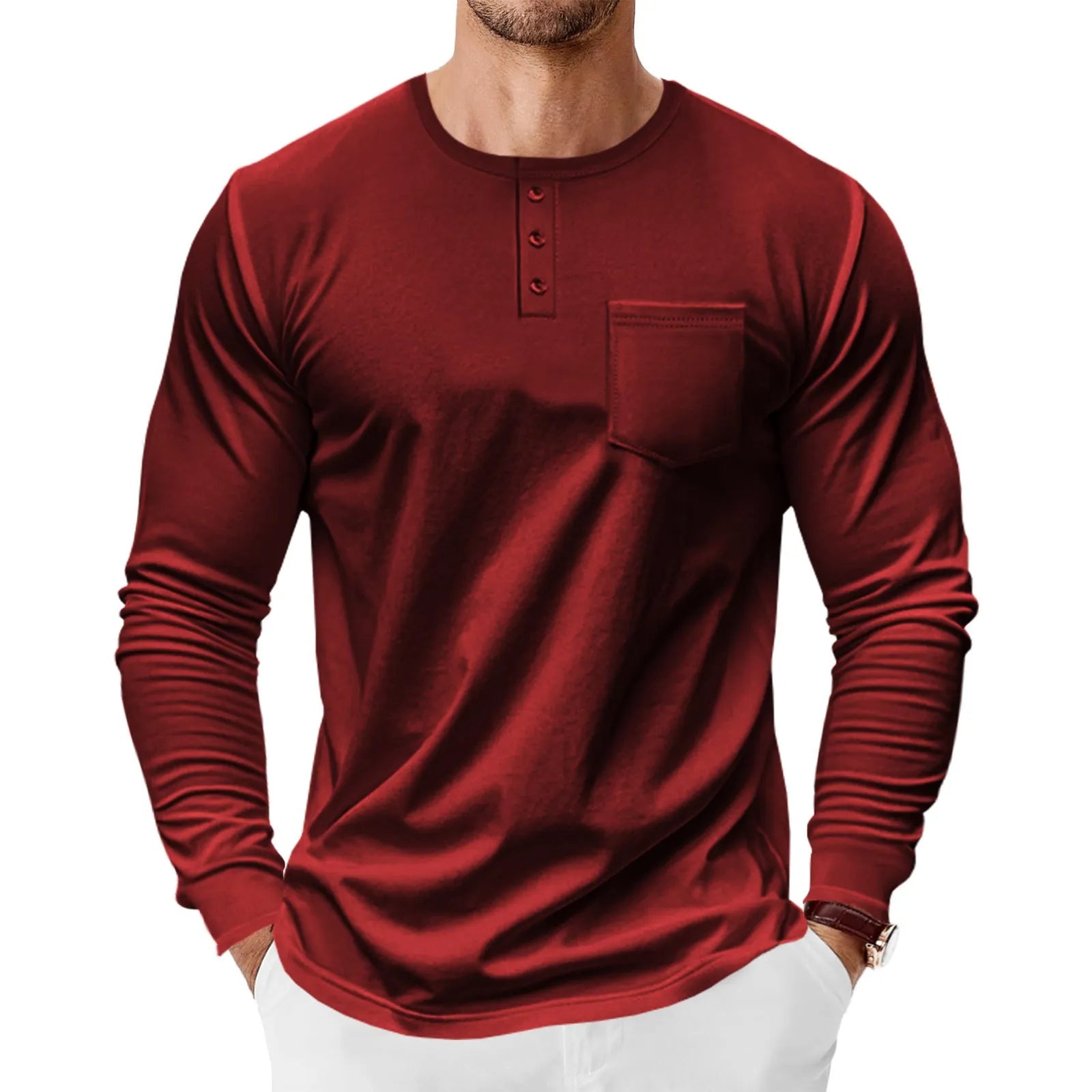 Men's spring autumn long sleeve Henley shirt slim fit pullover polyester available in 7 colours including khaki and denim blue
