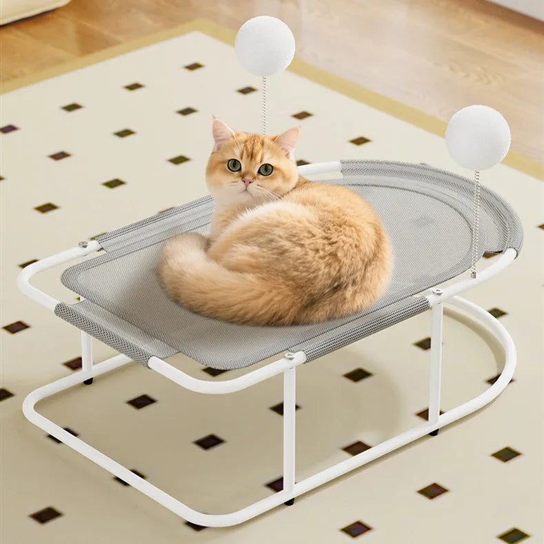 Large grey fabric kennel for cats with an open bracket design and removable cover.