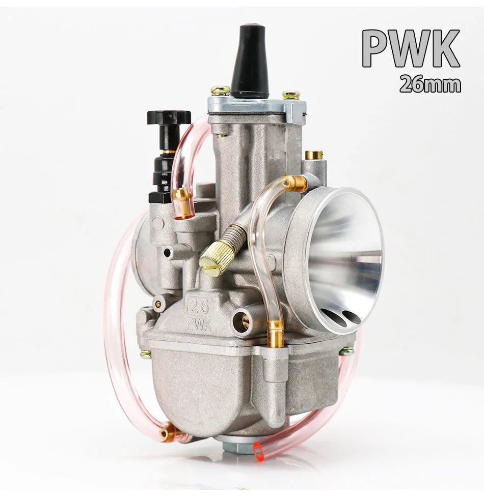 PWK sandblasting motorcycle carburetor for performance modification, shown in multiple bore sizes.