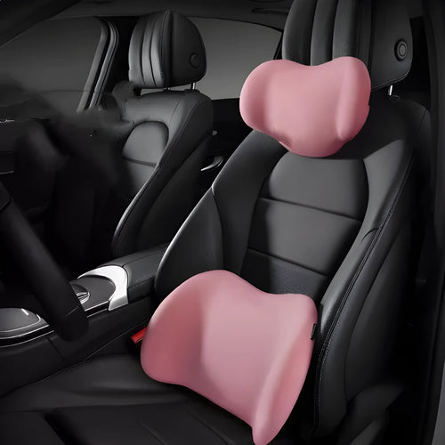 Black memory cotton car headrest cushion and lower back support cushion on a car seat.