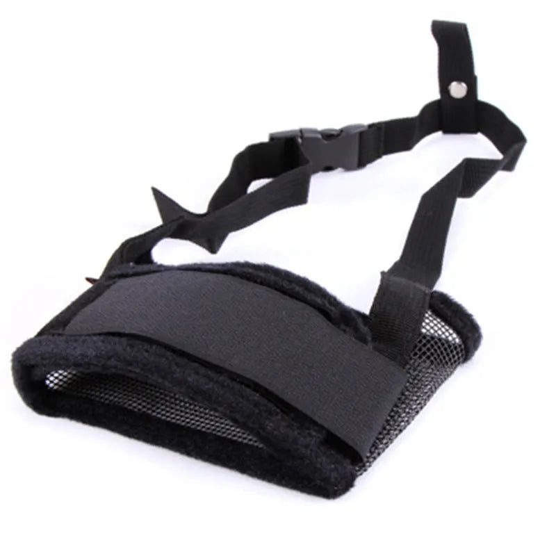 Adjustable dog muzzle mask in canvas and breathable mesh with Velcro straps and ABS grip, available in multiple colours and sizes XS to XXL.