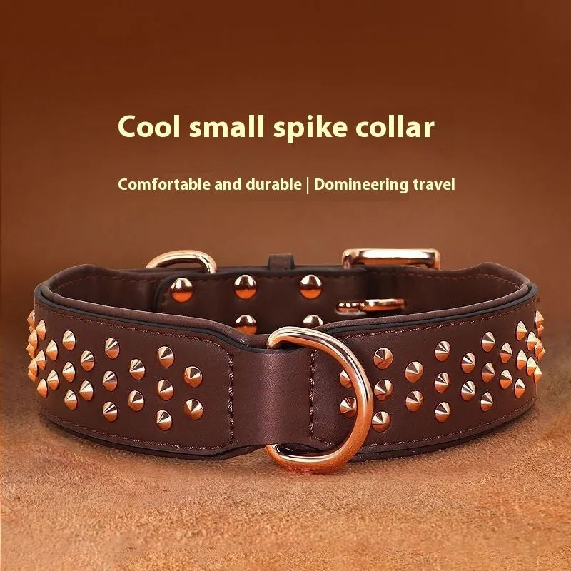 Leather dog collar with metal rivets and buckle in chocolate colour on a white background.