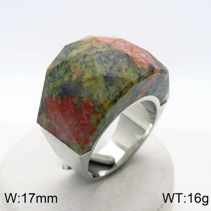 Women's geometric stainless steel natural stone ring with 17mm width in electroplated finish