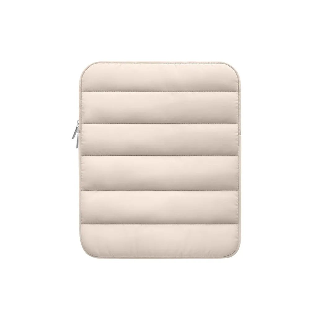 Puff bag laptop sleeve for 9.7-11 inch devices in black, khaki, or silver with elastic sides