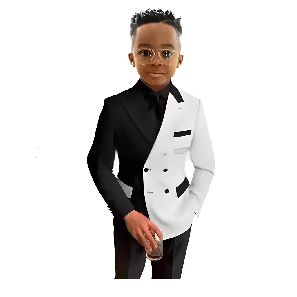 Boys' two-piece polyester suit set with jacket and trousers, spring banquet outfit, multiple colour options, sizes 3T-12T