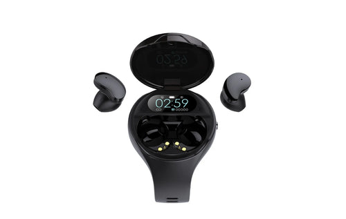 Black smart bracelet with detachable Bluetooth earphones showing colour screen display