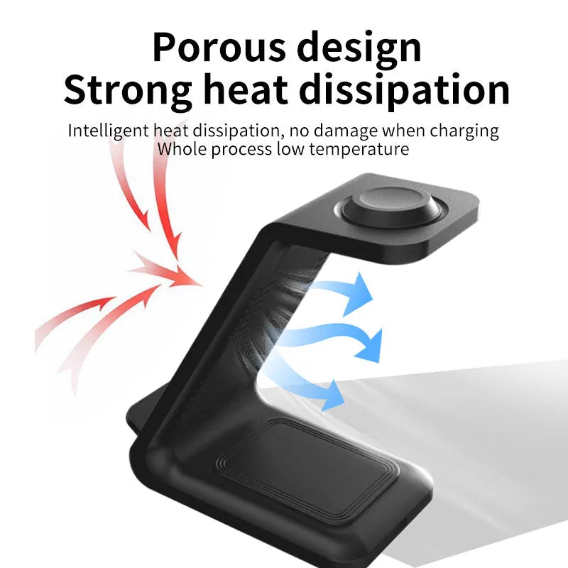 White 3-in-1 wireless charging stand holding a mobile phone, smartwatch, and earbuds on a wooden desk.