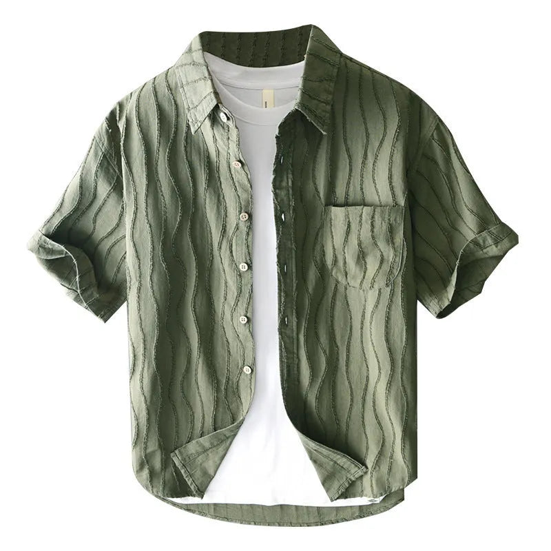 Men's apricot and army green pure cotton short sleeve casual shirt on hanger