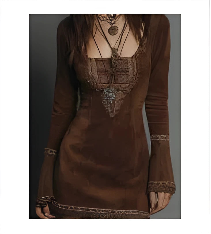 Women's long-sleeved short dress in Brown, sizes S to 2XL, shown as a casual daywear style