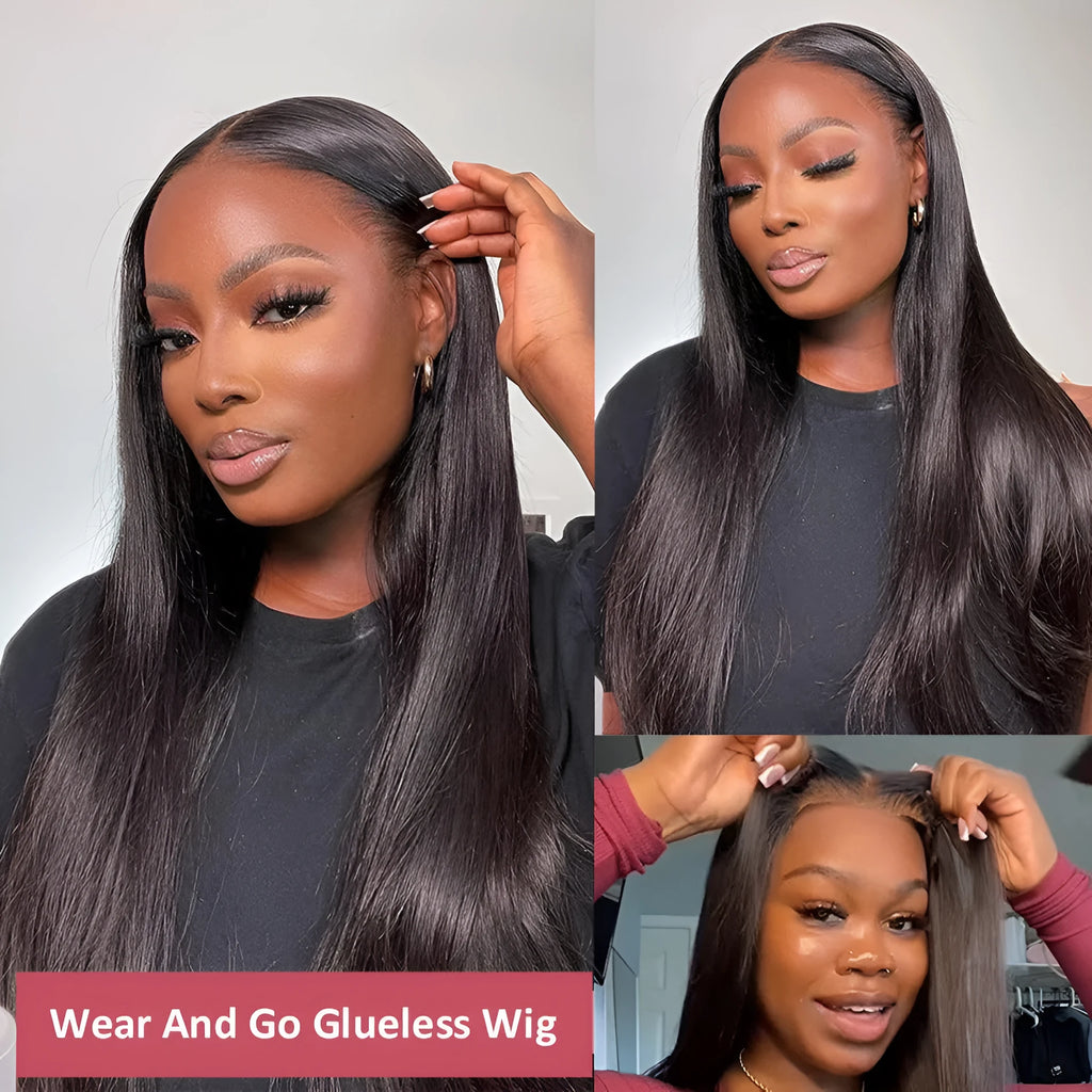 Glueless straight human hair wig with side bangs shown in natural style on a model.
