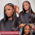Glueless straight human hair wig with side bangs shown in natural style on a model.