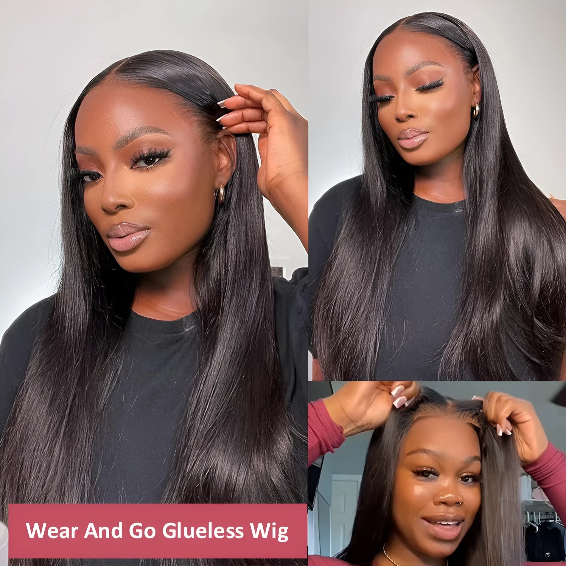 Glueless straight human hair wig with side bangs shown in natural style on a model.