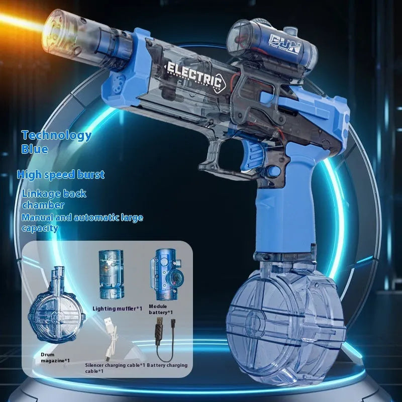 Electric water pistol in light version black or blue with automatic spray and USB charging cable