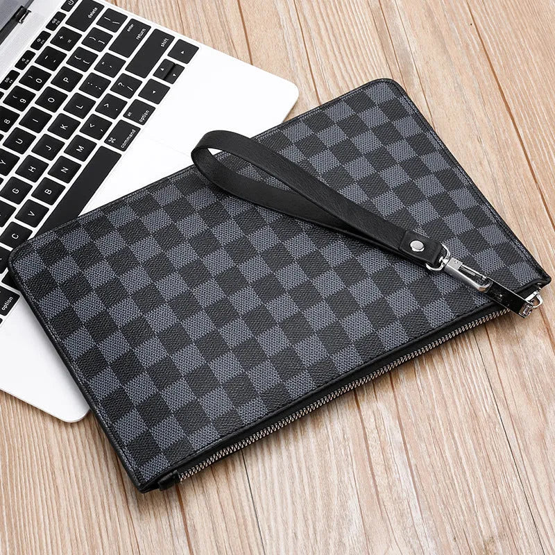 Men's black checkered PU leather clutch wallet open to show six card slots and a zipper pocket.