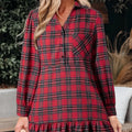Red plaid mini dress with shirt collar, half button front, long sleeves, and ruffle hem, sizes S to XL