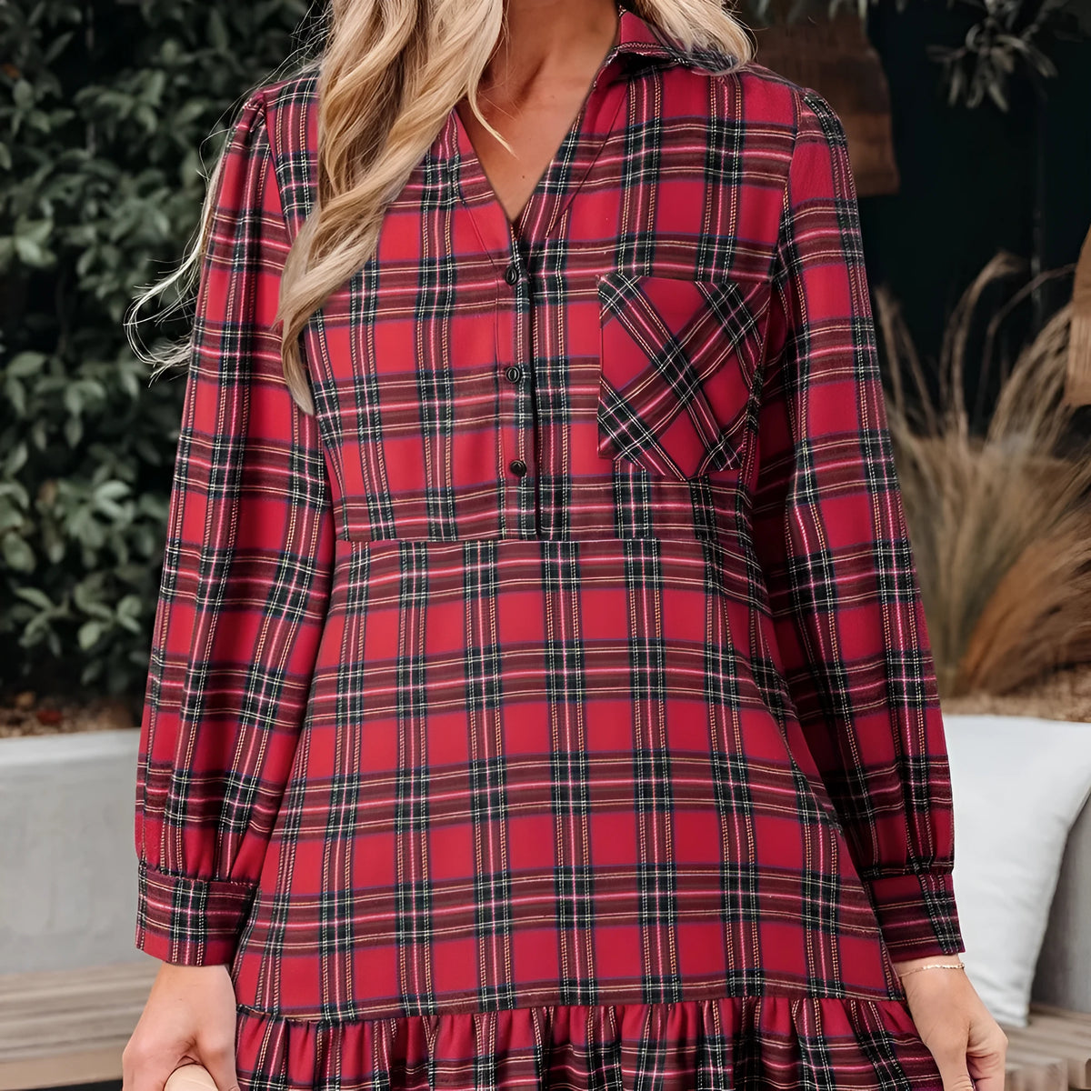 Red plaid mini dress with shirt collar, half button front, long sleeves, and ruffle hem, sizes S to XL