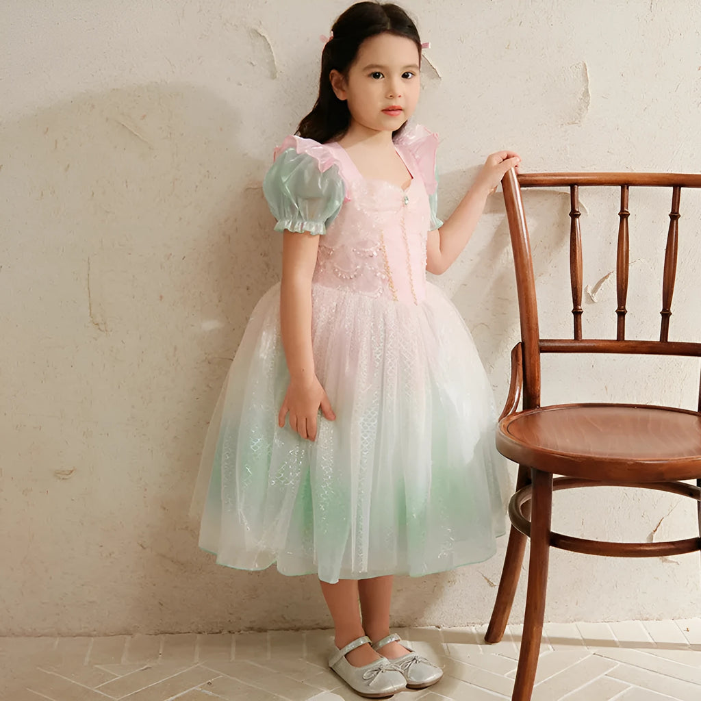 Little girl cotton princess dress with short sleeves and gauze skirt in solid colour with cartoon and flower pattern