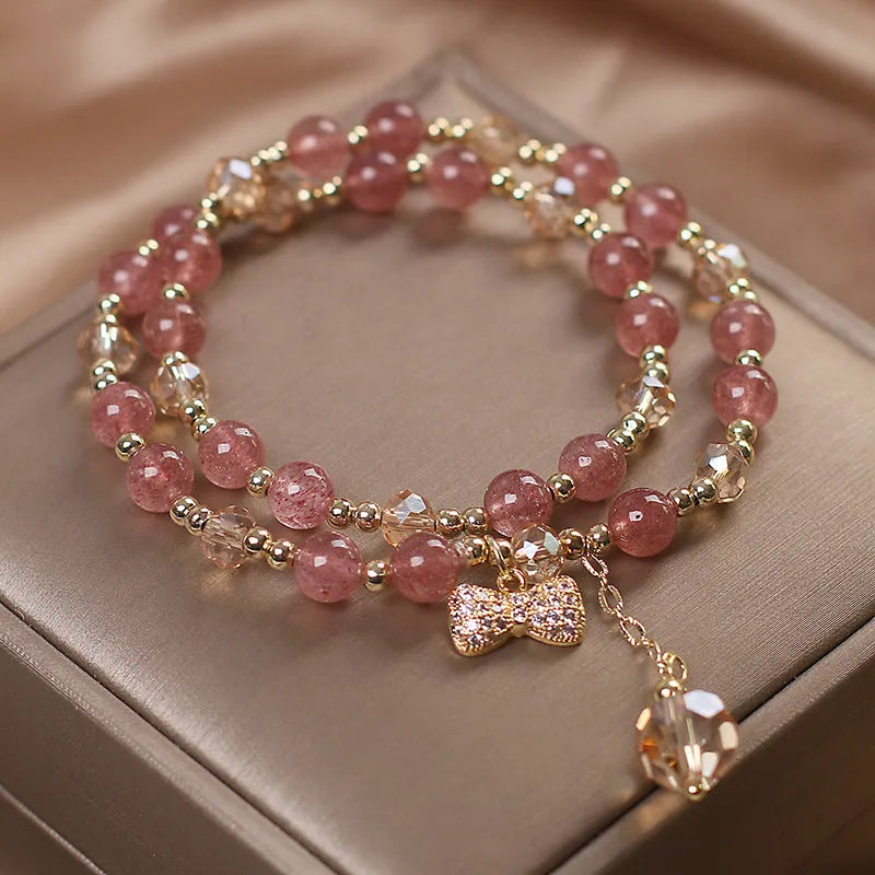 Fairy style natural strawberry quartz bracelet women's double layer gold U-shaped crystal jewellery