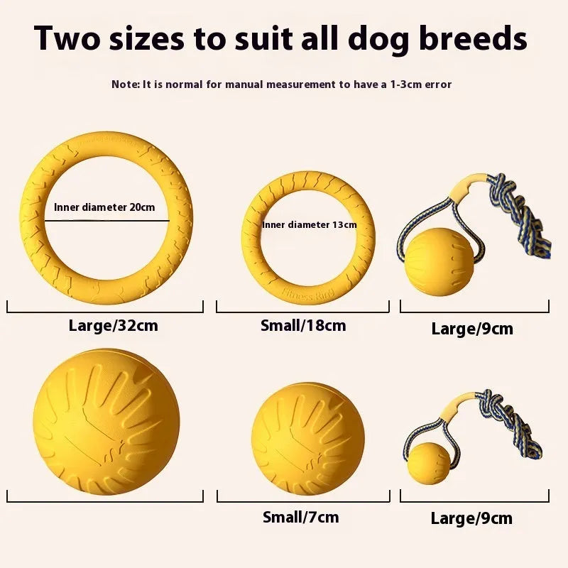 EVA dog training toy range with chew rope, frisbee, pull ring, and solid ball in 7cm or 9cm