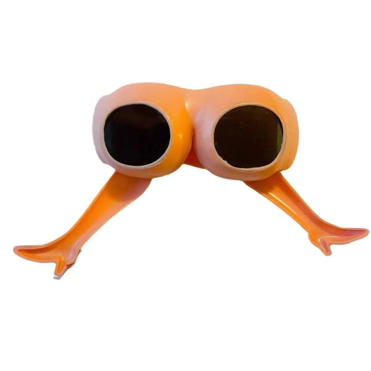 Orange plastic novelty sunglasses shaped like a pair of legs, on a white background.