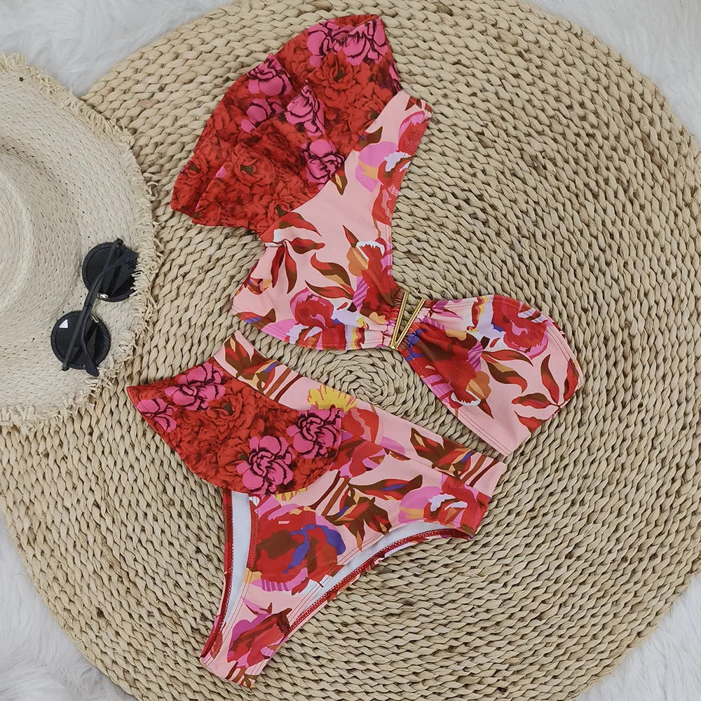Women's pink floral one-shoulder ruffled high-waist bikini swimsuit