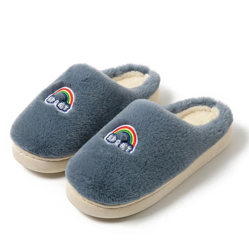 Kawaii rainbow embroidered warm plush slip-on slippers with rubber sole round toe indoor home footwear