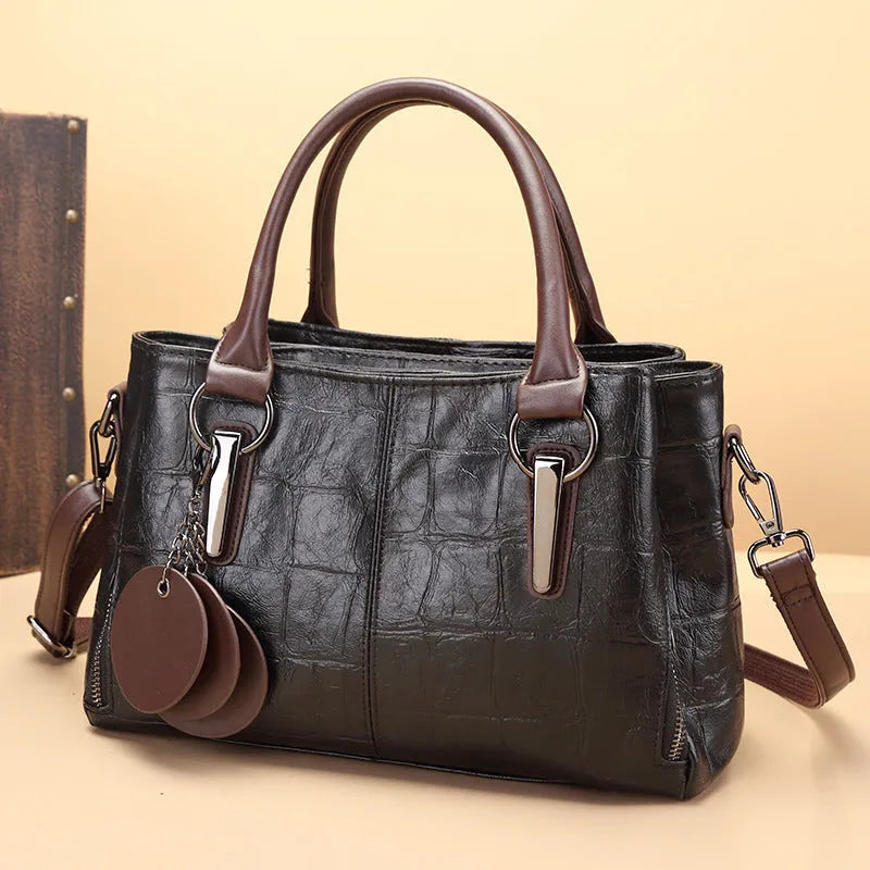 Large horizontal square PU shoulder bag with contrasting stitching and multiple internal compartments