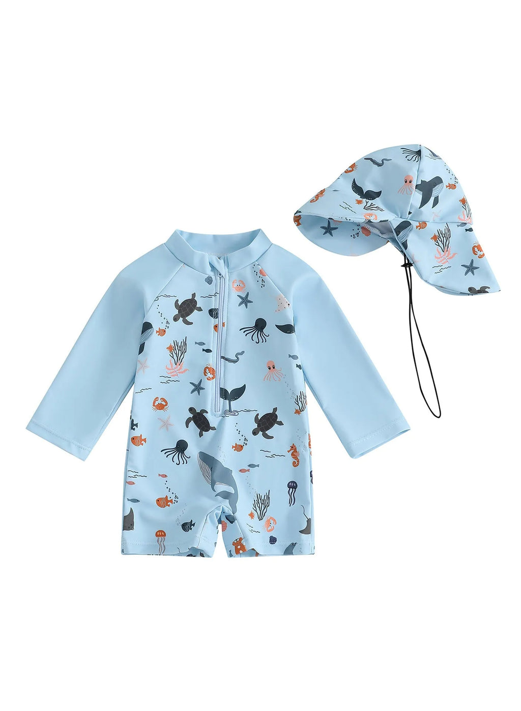 Boys' one-piece swimsuit with hat, long sleeves, polyester, cartoon pattern, light blue