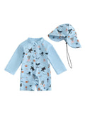 Boys' one-piece swimsuit with hat, long sleeves, polyester, cartoon pattern, light blue
