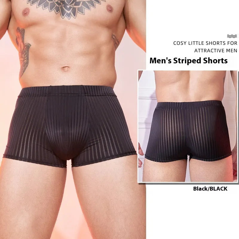 Men's thin striped underwear in black, laid flat showing Free Size fit and nylon fabric texture.