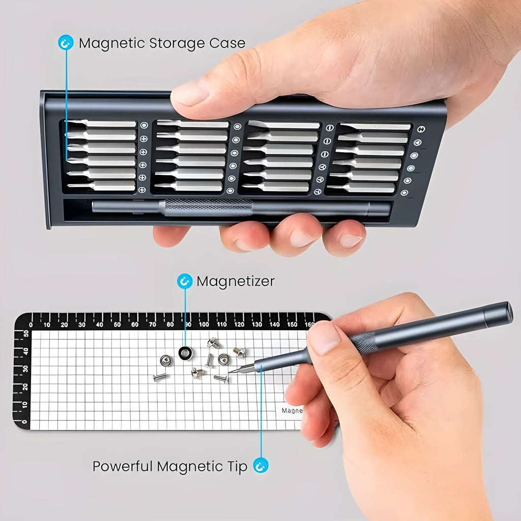 25-in-one magnetic precision screwdriver set with knurled black handle and multiple bits.