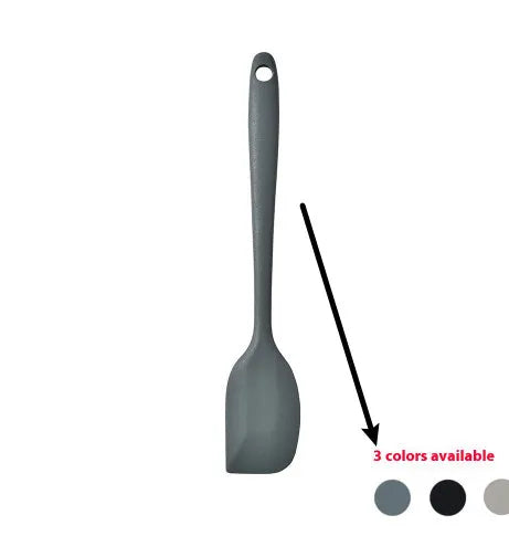 Black silicone kitchen utensil set with 12 tools stored in a rotating plastic storage bucket on a worktop.