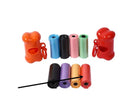 Roll of 22.5x30cm dog waste bags in assorted colours on a green background.