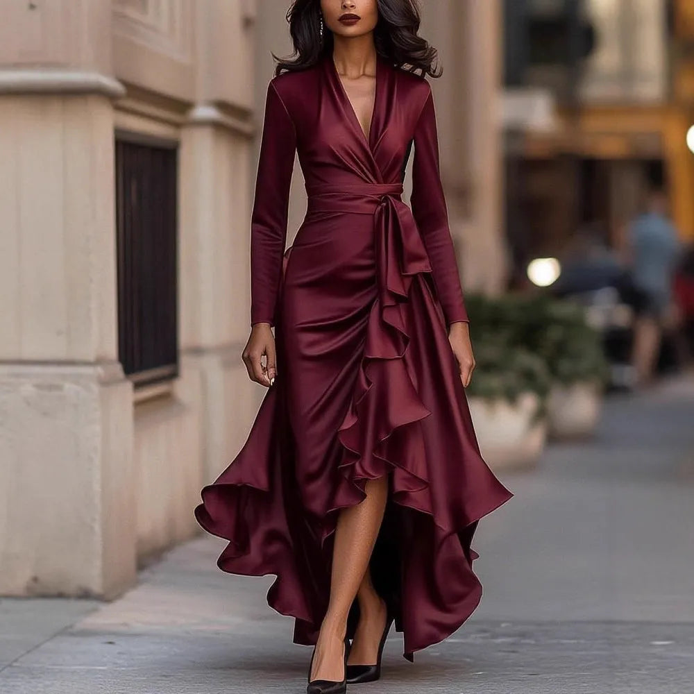 V-neck waist trimming ruffles long dress with high-waist asymmetric skirt in solid colour polyester