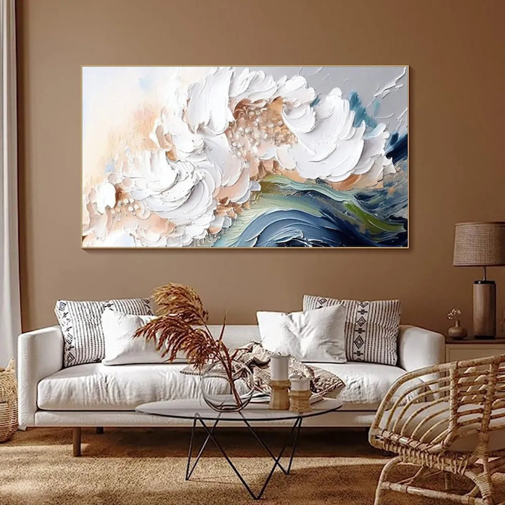 Modern abstract handmade oil painting heavy texture white waves unframed large canvas wall art