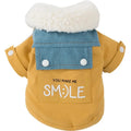 Yellow denim patchwork puppy coat for small to medium dogs with Sherpa fleece lining