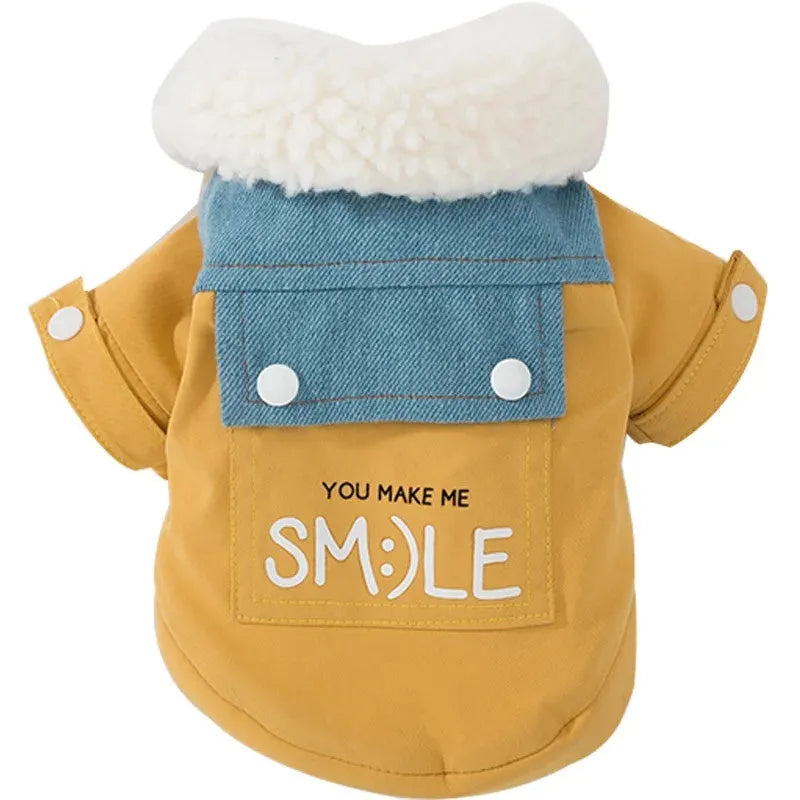Yellow denim patchwork puppy coat for small to medium dogs with Sherpa fleece lining