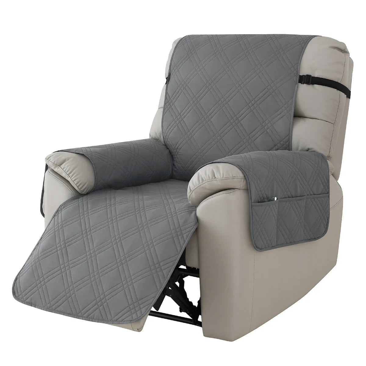 Quilted burgundy waterproof sofa cover fitted on a Chivas single-seat massage chair.