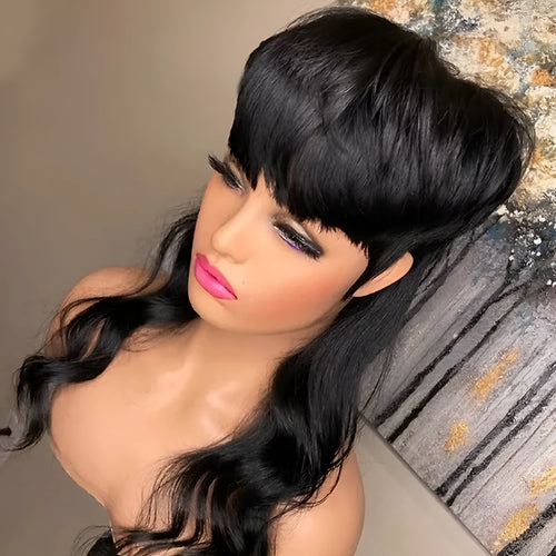 Black Brazilian synthetic wig with bangs featuring front short back long hairstyle