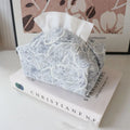 New Chinese Style floral patterned cotton fabric tissue box in beige, on a wooden table.