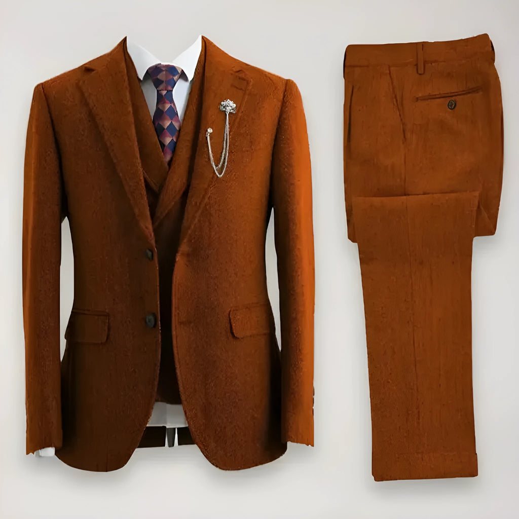 Men's slim fit three-piece suit in brown nylon with jacket, waistcoat, and trousers