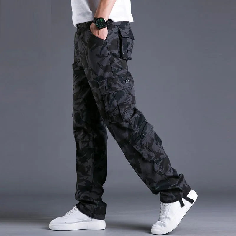 Men's straight leg cotton camouflage pants in army green colour, washed finish, sizes 29-44