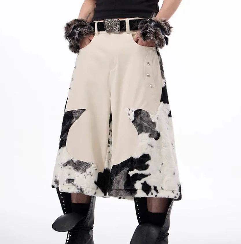 Milk fibre fur cropped trousers with personalised check pattern in a city fashion style.