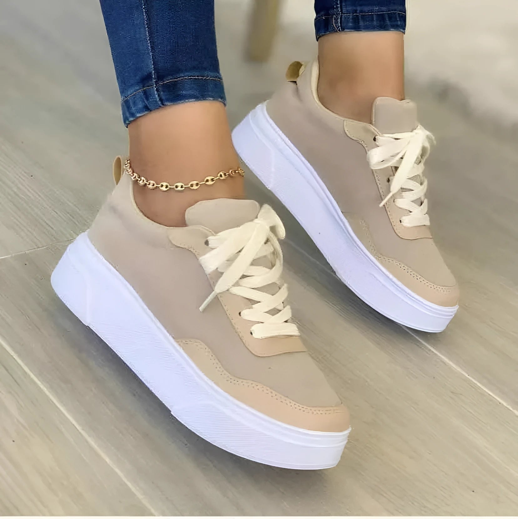 Women's lace-up platform sneakers breathable mesh thick sole cross binding round toe apricot