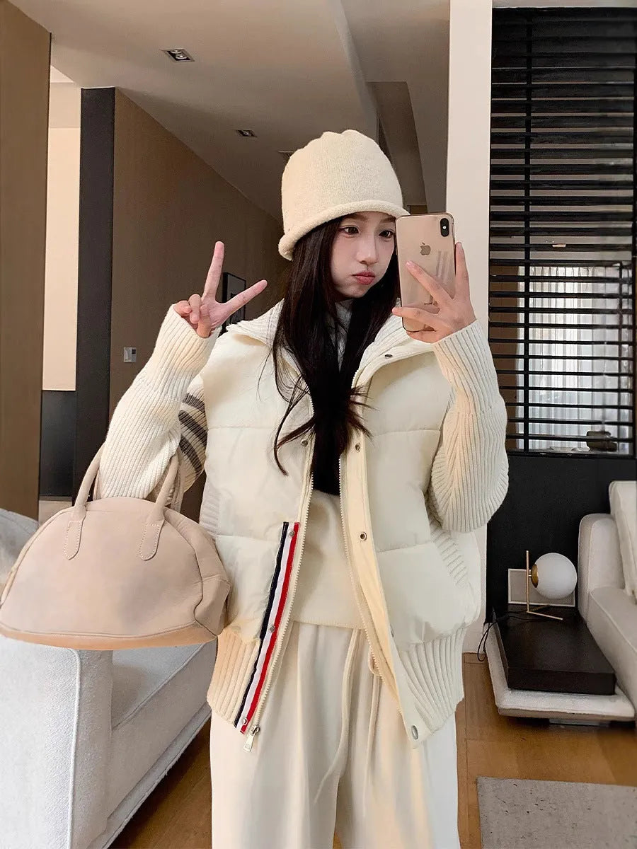 Women's casual cotton-padded jacket with knitted stitching colour contrast in beige, featuring pockets and regular sleeves