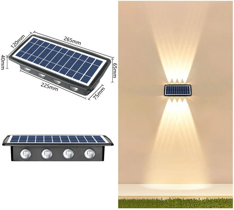 Solar outdoor wall light with 4 LED beads and glass polysilicon panel mounted on a garden wall