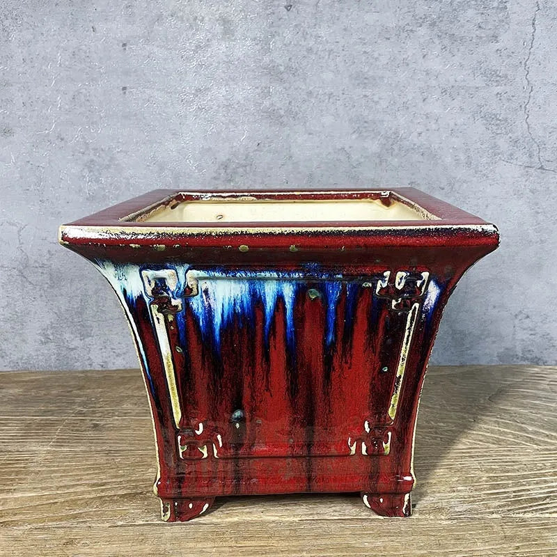 27cm ceramic square flower pot with retro red glaze changing finish for orchids