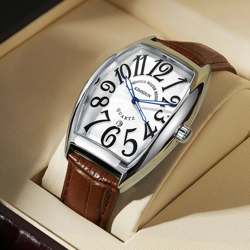 Jinshidun men's retro quartz watch with luminous dial, silver case, white face, black markings, and black leather strap
